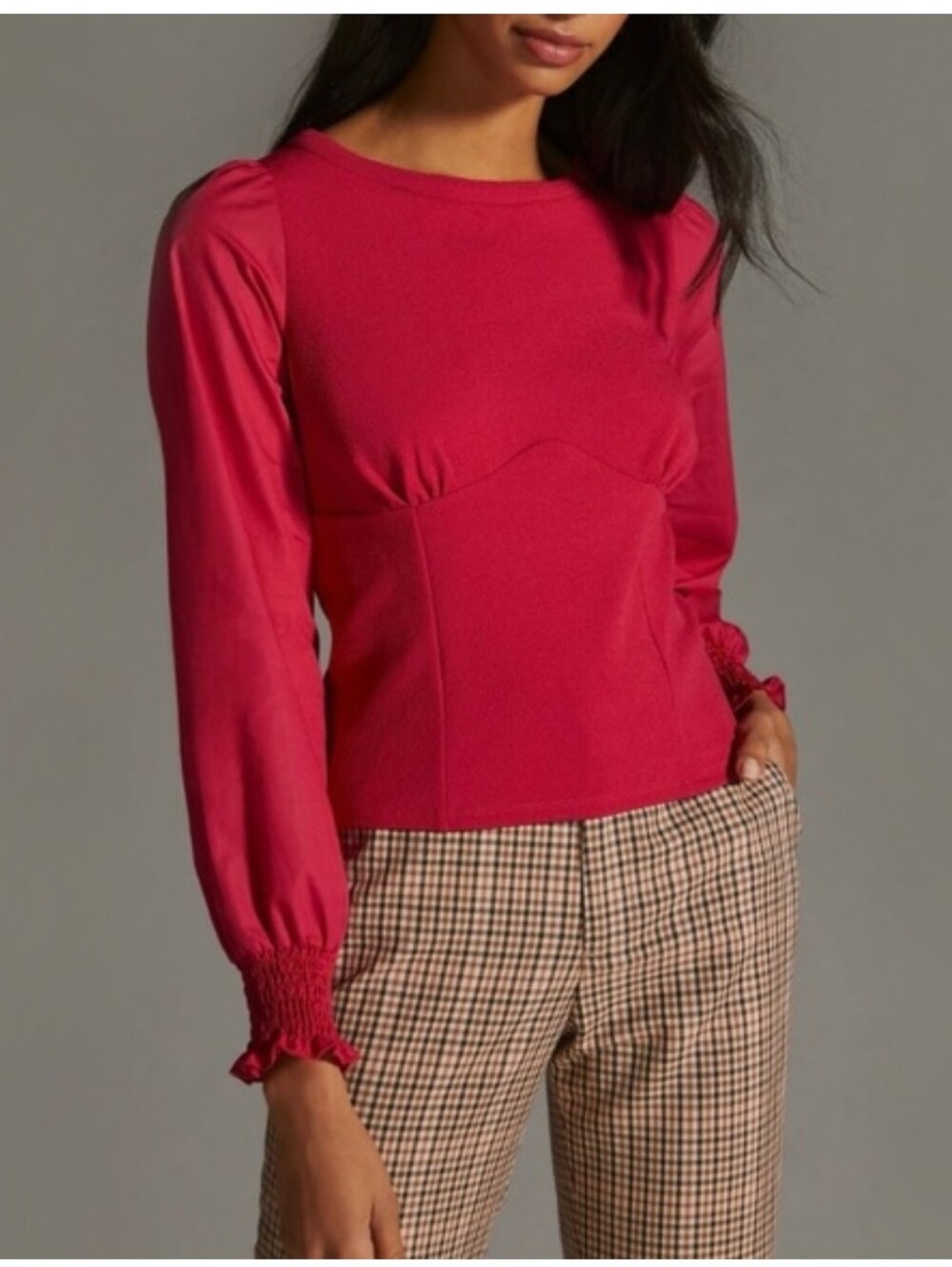 Anthropologie Structured Mixed Material Puff Sleeve Smocked Cuff Blouse